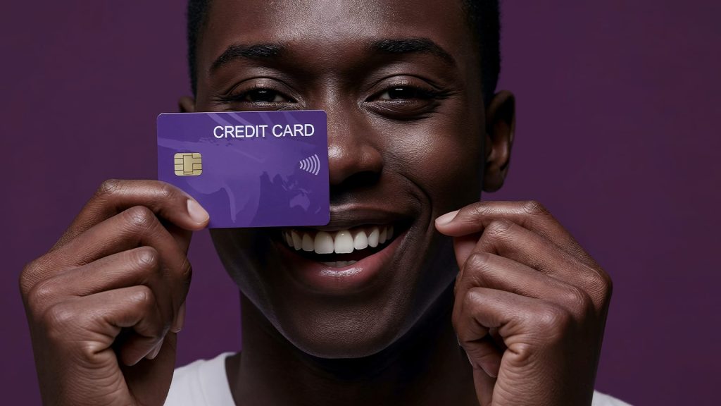 A man holding up a credit card across his face and smiling