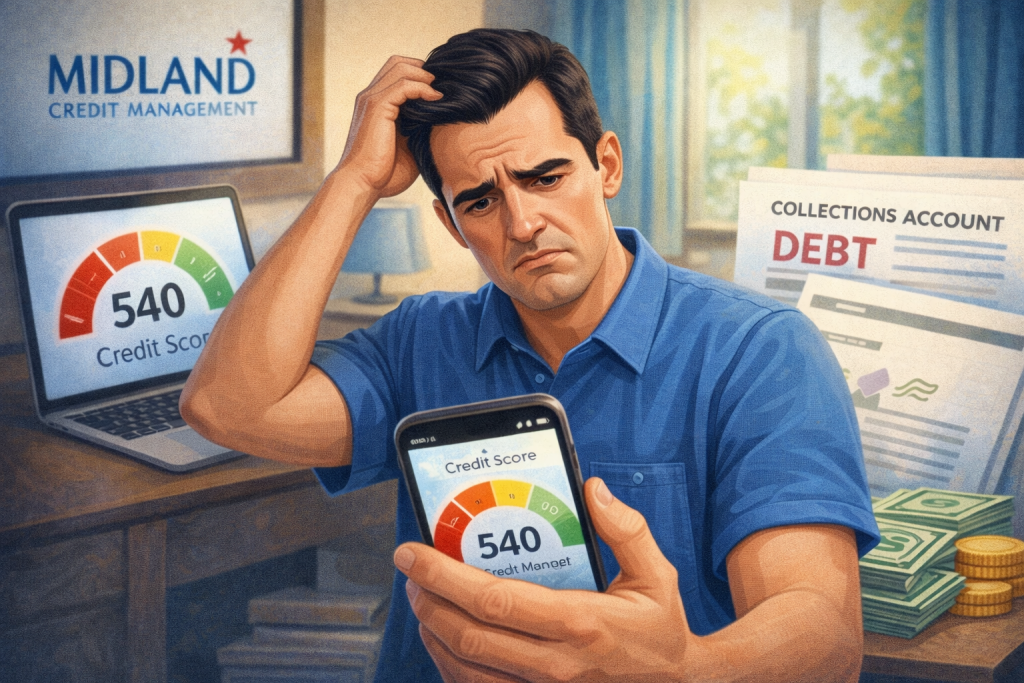 Man worrying his low credit score caused by Midland Credit Management