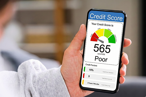 A hand holding up a phone reflecting a 565 credit score.