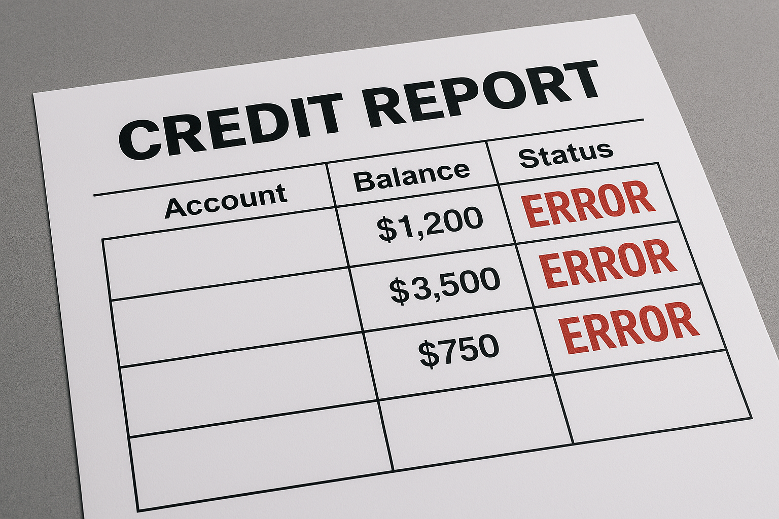 A credit report displaying different errors