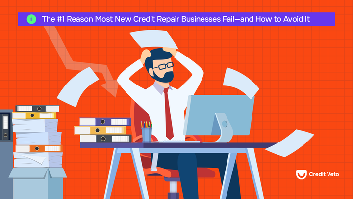 A credit repair entrepreneur sitting on his desk with his hands on his head showing despair because he can see how his business is failing from the stats on his laptop