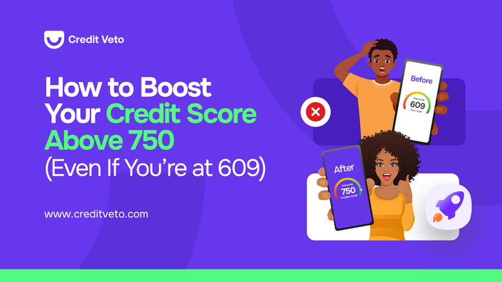 A guy looking confused while staring at a low credit score of 609, and a lady on the right smiling while looking at a glowing “750” on their phone screen.