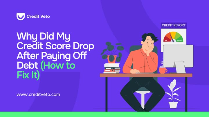 Illustration of a person at his computer desk reviewing their credit report and overwhelmed by his dropped credit after clearing his debt
