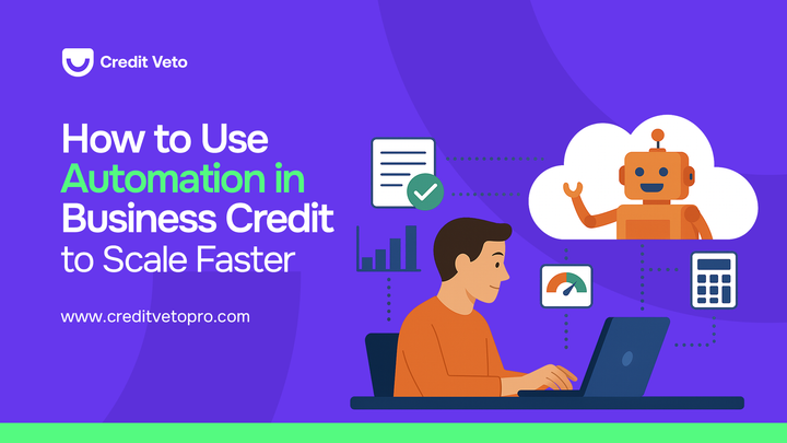 Digital illustration of a credit repair specialist working with his PC on his desk with a robot sign above him and credit score chart.