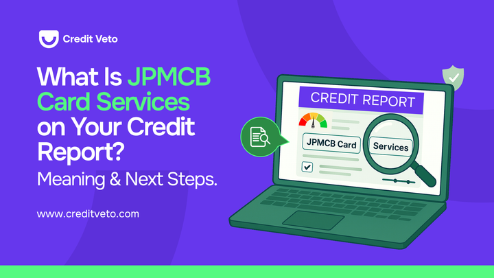 A digital illustration of a PC opened and reflecting a credit report with jpmcb card services boldly displayed on it