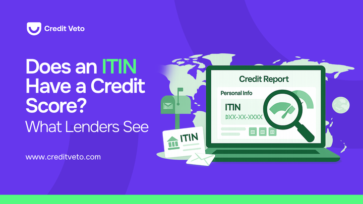 Digital illustration of an opened PC with a credit report and ITIN on a personal info with a lens.