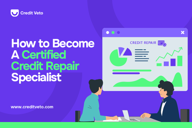 Illustration of a credit repair specialist showing a client how to become a certified credit repair specialist