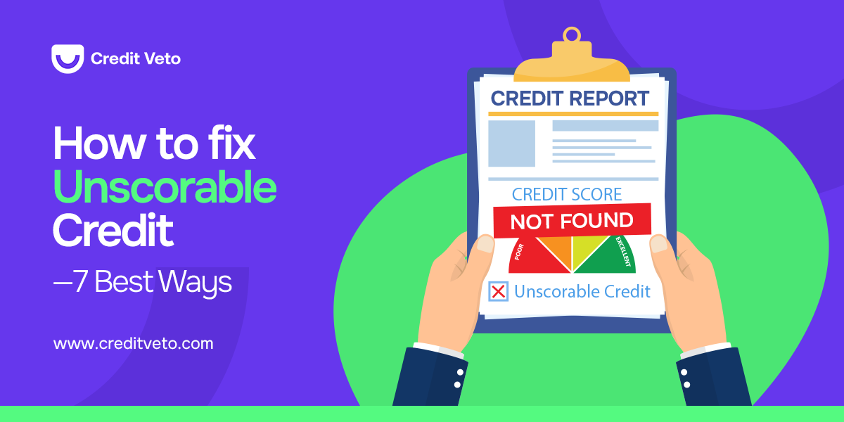 digital illustration of a hand holding a credit report with an unscorable credit score.