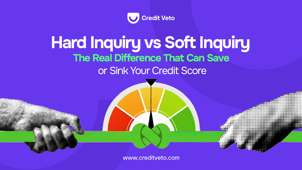Image illustration of two hands dragging different sides of a rope with a credit score chart in the middle depiction the struggle between hard inquiry vs soft inquiry and how they affect credit score.