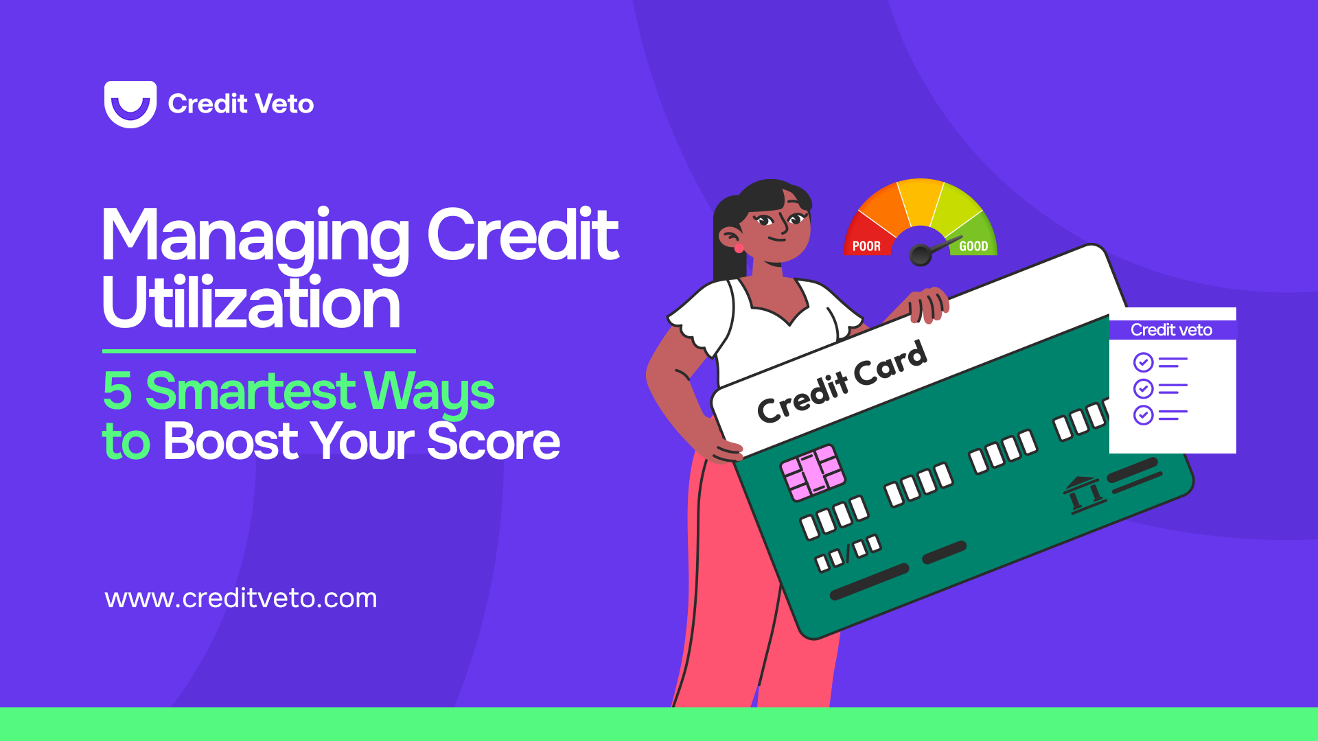Image illustration of a lady holding a large credit card illustrating high credit utilization