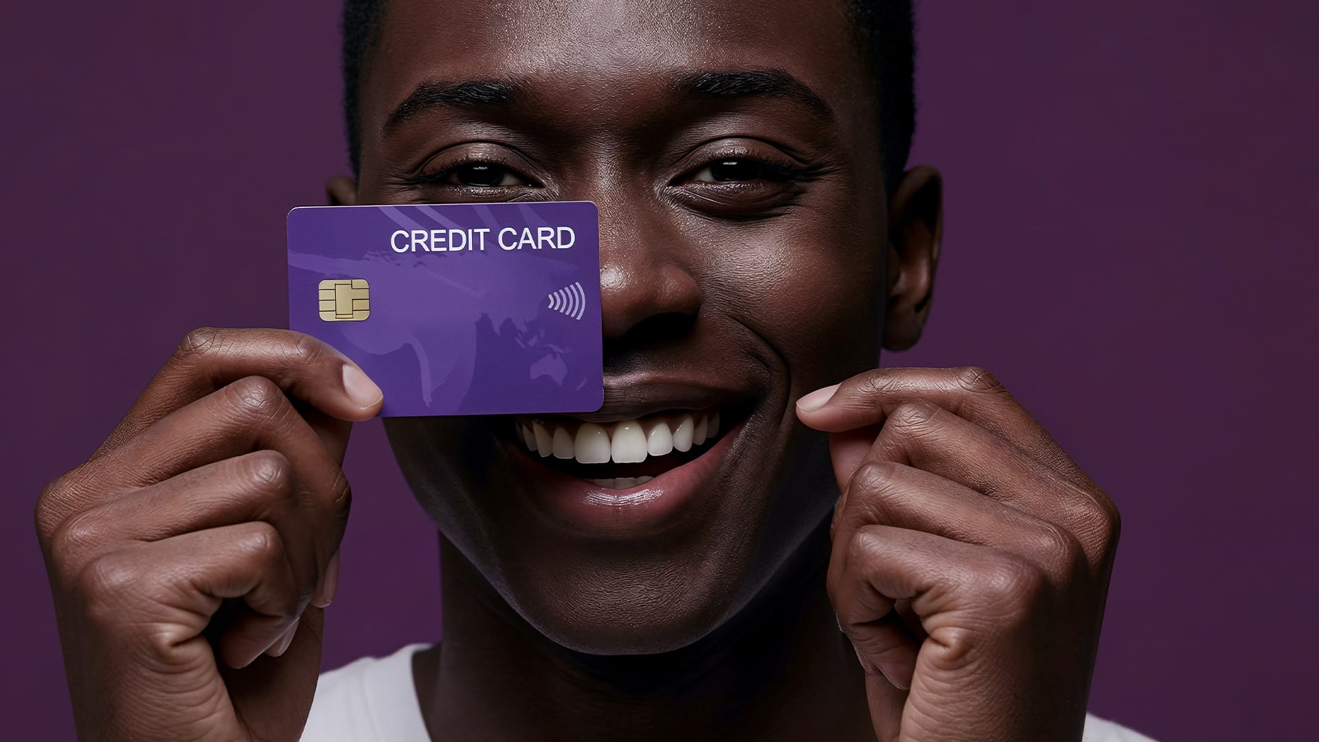 A dark skinned man smiling with a credit card over his face.