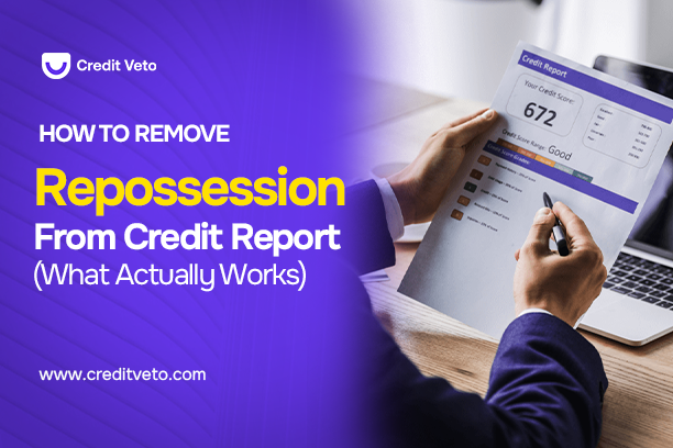 A person's hands checking through credit report and wondering how he can remove repossession from credit report