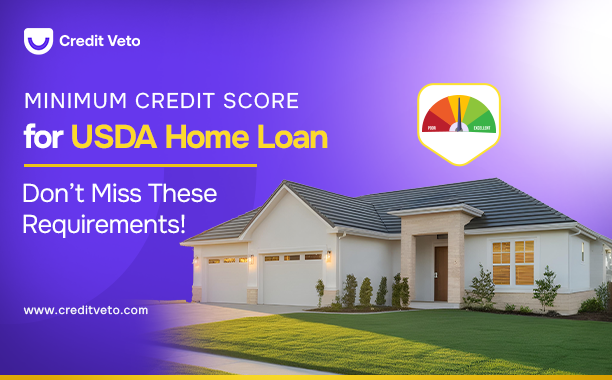Picture of a country home with a credit score chart above its roof illustrating the minimum credit score for a USDA home loan