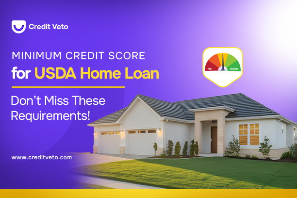 Picture of a country home with a credit score chart above its roof illustrating the minimum credit score for a USDA home loan