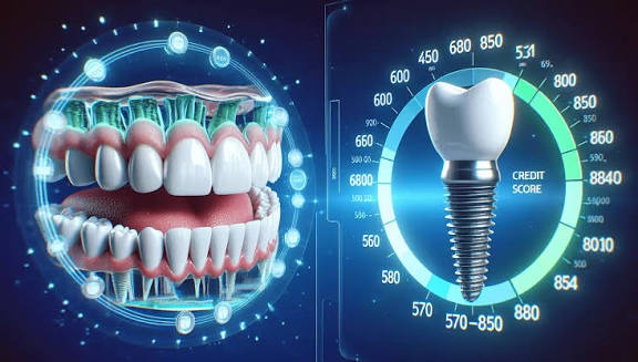 Split screen of a dental implant and a tooth in the middle middle of a credit score chart