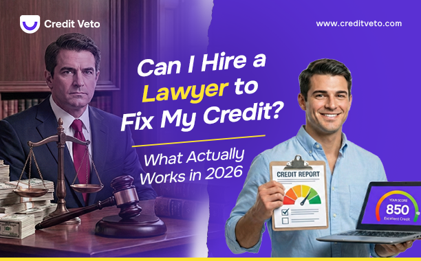 Image of a split screen reflecting a sad lawyer and successful credit repair agent. Illustrating if it's right to hire a lawyer to fix my credit