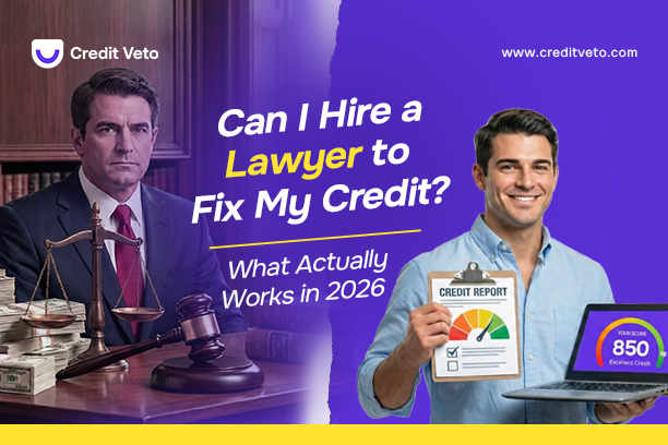 Image of a split screen reflecting a sad lawyer and successful credit repair agent. Illustrating if it's right to hire a lawyer to fix my credit