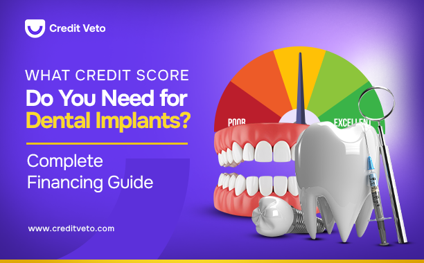 Image of a credit score chart above a tooth implants answering the question "What Credit Score Do You Need for Dental Implants?"