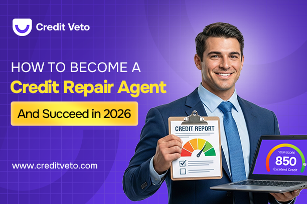 Image of a credit repair agent with a laptop displaying 850 credit score and credit score chart int he other hand illustrating how to become a credit repair agent