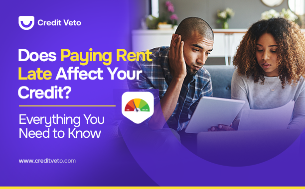 A man and woman with curly hair looking into their credit report and wondering "Does paying rent late affect your credit score?"