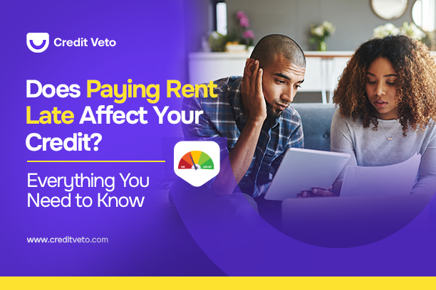 A man and woman with curly hair looking into their credit report and wondering "Does paying rent late affect your credit score?"