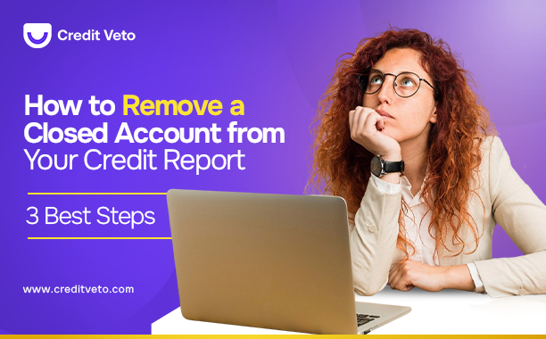 Image of a lady with curly hair looking up worried about how to remove closed account from her credit report