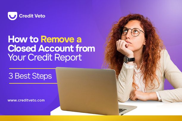 Image of a lady with curly hair looking up worried about how to remove closed account from her credit report