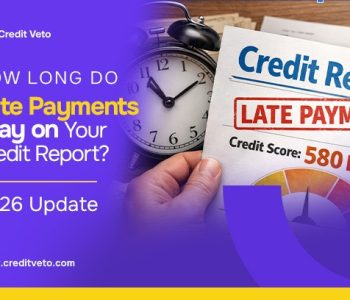 Image of a clock, credit report, with late payment, with 580 credit score illustrating How Long Do Late Payments Stay on Your Credit Report