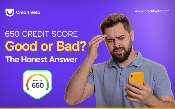 A man looking worried at his phone after seeing a 650 credit score