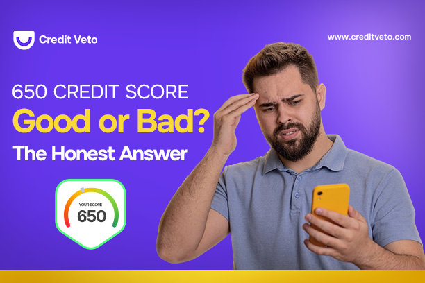 A man looking worried at his phone after seeing a 650 credit score